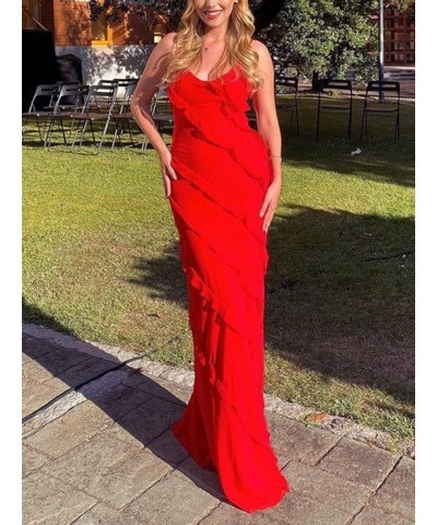 Women Strapless Asymmetric Ruffle Chiffon Midi Dress Backless High Low Slit Fringe Evening Party Maxi Dresses Ball Gown D-red...