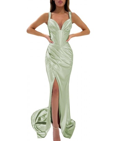 V Neck Prom Dresses Long for Women Formal Party Gowns Corset Satin Mermaid Evening Dress with Slit Sage Green $26.00 Dresses