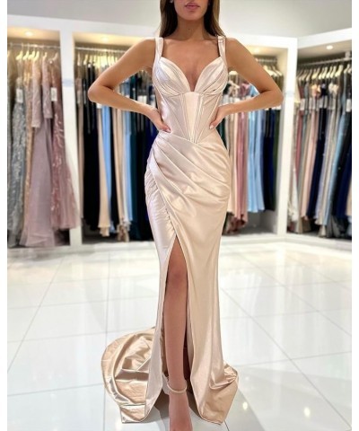 V Neck Prom Dresses Long for Women Formal Party Gowns Corset Satin Mermaid Evening Dress with Slit Sage Green $26.00 Dresses