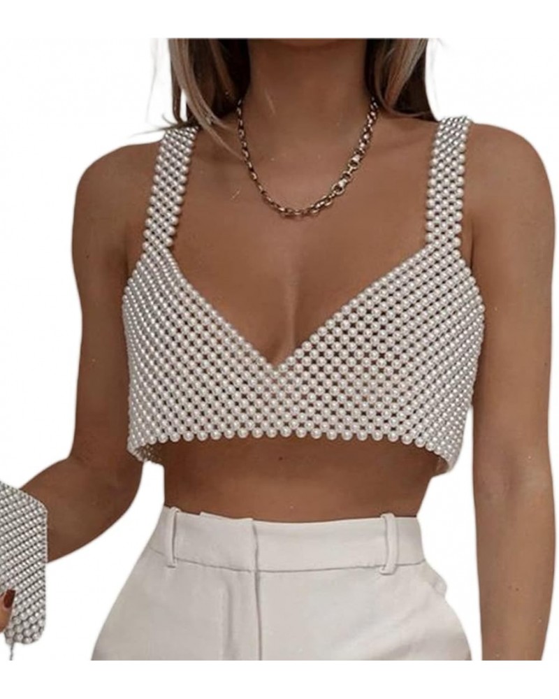 Women Sexy Pearl Camisole Sleeveless Hollow Out Elegant Beaded Chain Tank Tops Summer Crop Tops White Style B $13.28 Tanks