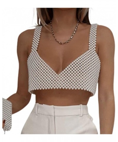 Women Sexy Pearl Camisole Sleeveless Hollow Out Elegant Beaded Chain Tank Tops Summer Crop Tops White Style B $13.28 Tanks