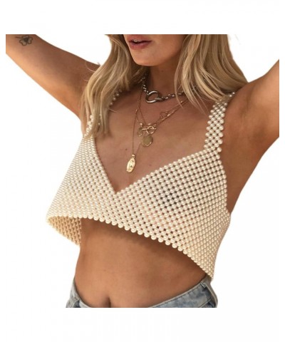 Women Sexy Pearl Camisole Sleeveless Hollow Out Elegant Beaded Chain Tank Tops Summer Crop Tops White Style B $13.28 Tanks