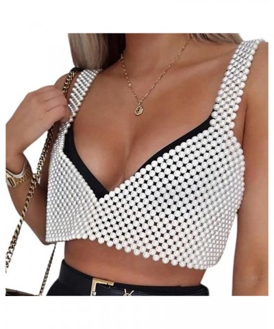 Women Sexy Pearl Camisole Sleeveless Hollow Out Elegant Beaded Chain Tank Tops Summer Crop Tops White Style B $13.28 Tanks