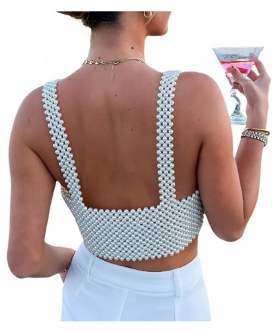 Women Sexy Pearl Camisole Sleeveless Hollow Out Elegant Beaded Chain Tank Tops Summer Crop Tops White Style B $13.28 Tanks