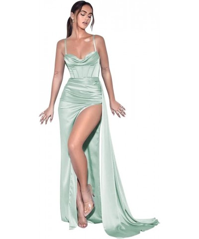 Women's Spaghetti Straps Satin Mermaid Prom Dress Long with Slit Pleated Bodycon Evening Formal Gowns Mint Green $25.48 Dresses