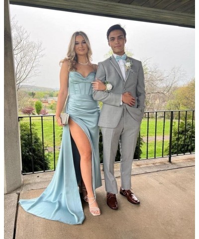 Women's Spaghetti Straps Satin Mermaid Prom Dress Long with Slit Pleated Bodycon Evening Formal Gowns Mint Green $25.48 Dresses