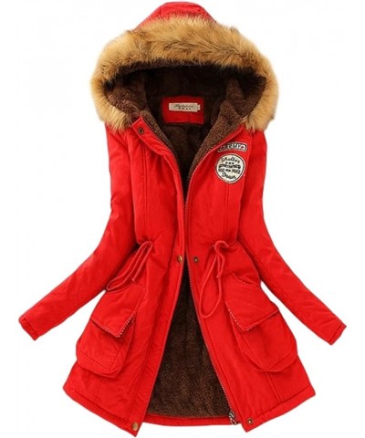 Women's Long Military Parka Jackets Fleece Thicken Puffer Coat Winter Warm Zip Up Jacket with Faux Fur Hood Red $12.99 Jackets