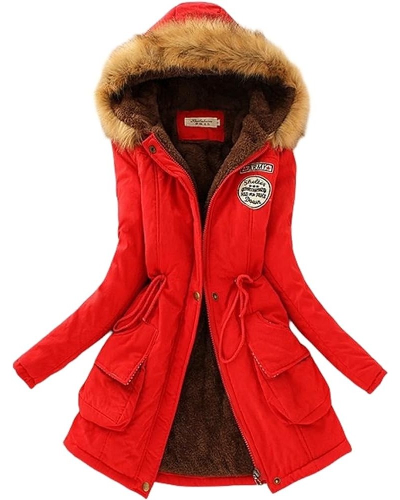 Women's Long Military Parka Jackets Fleece Thicken Puffer Coat Winter Warm Zip Up Jacket with Faux Fur Hood Red $12.99 Jackets