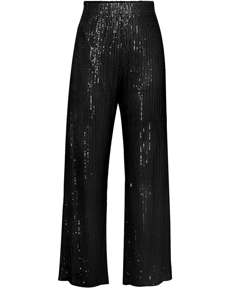 Womens Glitter High Waist Wide Leg Sparkle Sequin Bling Elastic Straight Flare Bell Loose Shiny Pants Sparkle-black $13.67 Pants