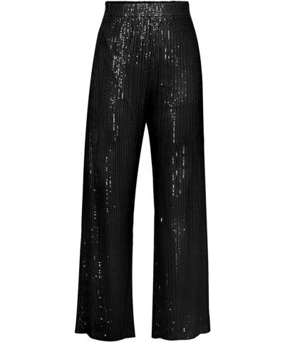 Womens Glitter High Waist Wide Leg Sparkle Sequin Bling Elastic Straight Flare Bell Loose Shiny Pants Sparkle-black $13.67 Pants