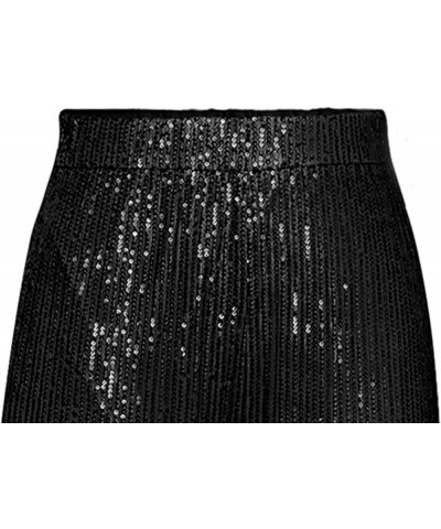 Womens Glitter High Waist Wide Leg Sparkle Sequin Bling Elastic Straight Flare Bell Loose Shiny Pants Sparkle-black $13.67 Pants