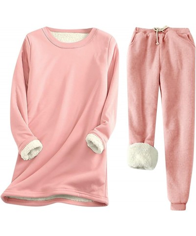 Women Warm Pajama Set Fleece Lined Long Sleeve Crewneck Sweatshirt Pullover thicken High Waist pants Loungewear 01_pink $9.96...