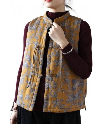Women's Retro Chinese Nationality Style Sleeveless Linen Stand Vest Jacket Top Yellow $31.92 Vests