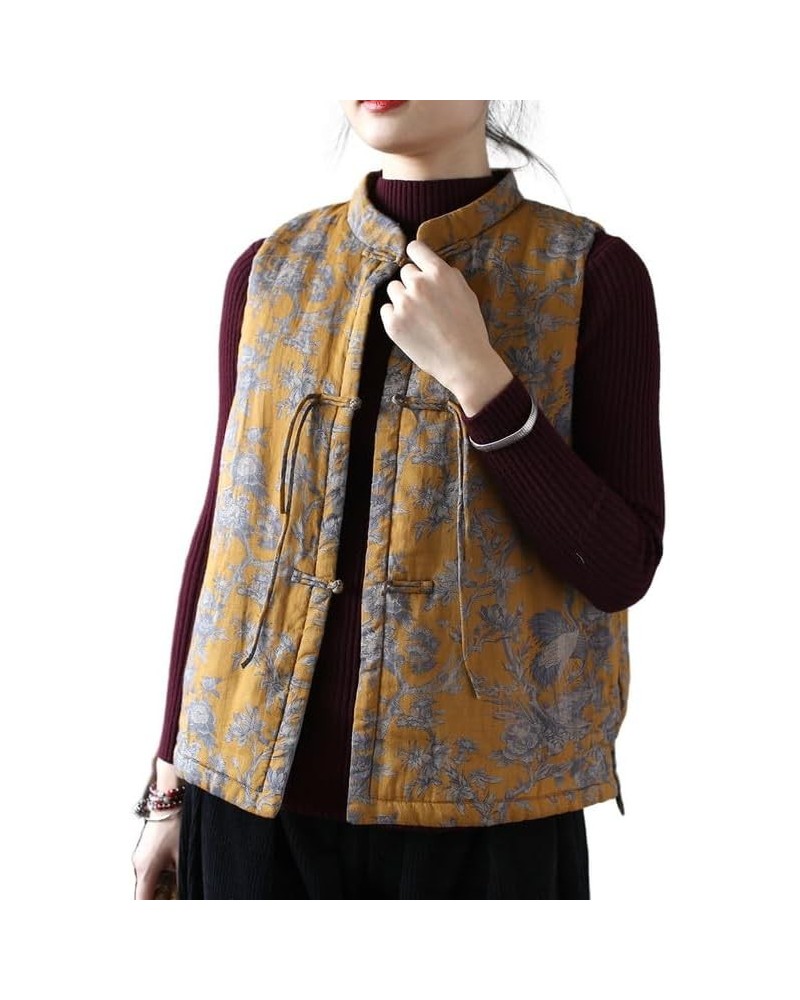 Women's Retro Chinese Nationality Style Sleeveless Linen Stand Vest Jacket Top Yellow $31.92 Vests