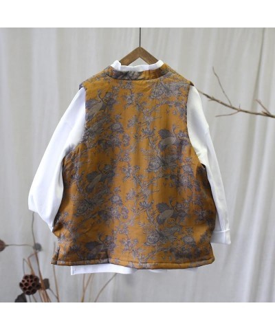 Women's Retro Chinese Nationality Style Sleeveless Linen Stand Vest Jacket Top Yellow $31.92 Vests