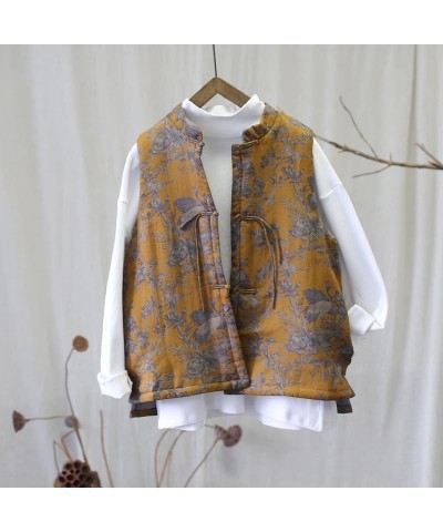 Women's Retro Chinese Nationality Style Sleeveless Linen Stand Vest Jacket Top Yellow $31.92 Vests