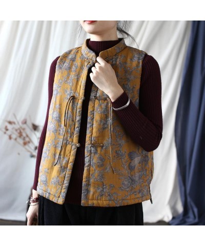 Women's Retro Chinese Nationality Style Sleeveless Linen Stand Vest Jacket Top Yellow $31.92 Vests