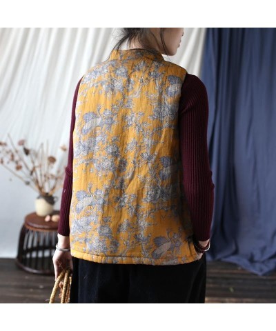 Women's Retro Chinese Nationality Style Sleeveless Linen Stand Vest Jacket Top Yellow $31.92 Vests