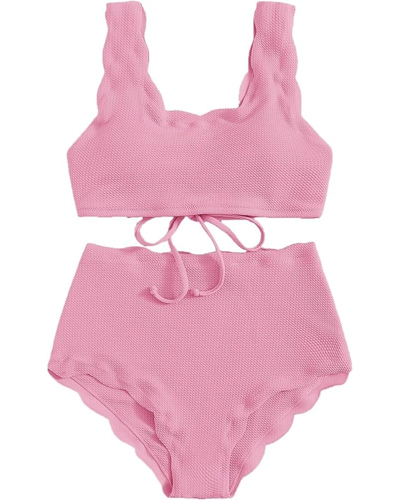 Women's 2 Pieces Swimsuit High Waist Scalloped Trim Lace Up Bikini Set Solid Pink $12.96 Swimsuits