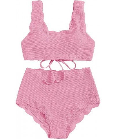 Women's 2 Pieces Swimsuit High Waist Scalloped Trim Lace Up Bikini Set Solid Pink $12.96 Swimsuits