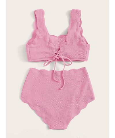 Women's 2 Pieces Swimsuit High Waist Scalloped Trim Lace Up Bikini Set Solid Pink $12.96 Swimsuits