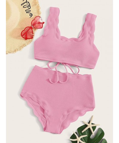 Women's 2 Pieces Swimsuit High Waist Scalloped Trim Lace Up Bikini Set Solid Pink $12.96 Swimsuits