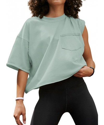 Womens Oversized T-Shirts Short Sleeve Workout Crop Tops Casual Drop Shoulder Boxy Roll Hem Basic Loose Tees Graygreen $10.00...