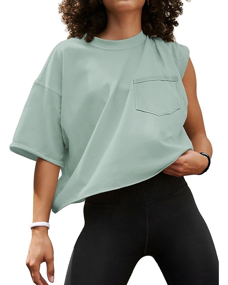 Womens Oversized T-Shirts Short Sleeve Workout Crop Tops Casual Drop Shoulder Boxy Roll Hem Basic Loose Tees Graygreen $10.00...