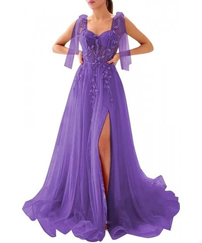 Appliques Tulle Prom Dresses Spaghetti Straps Formal Dresses with Slit Sweetheart Ball Gown Purple $48.22 Dresses