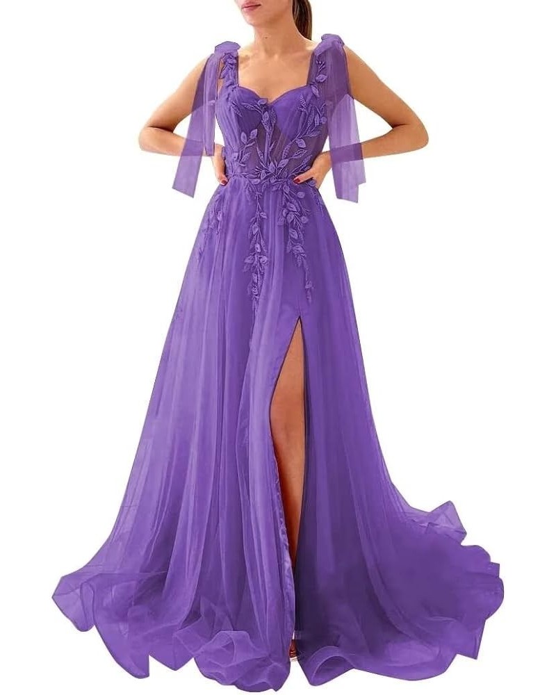 Appliques Tulle Prom Dresses Spaghetti Straps Formal Dresses with Slit Sweetheart Ball Gown Purple $48.22 Dresses