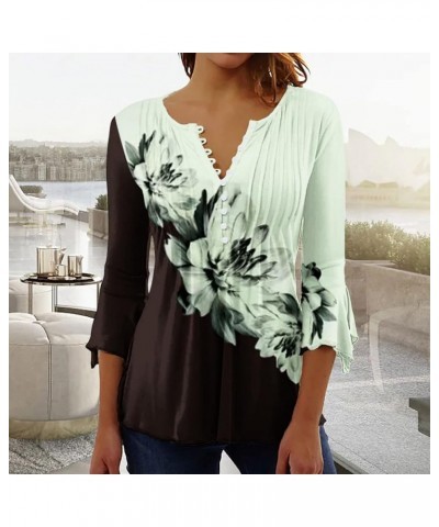 3/4 Sleeve Shirts for Women Bell V Neck Graphic T Shirts Button Pleated Boho Tops Elegant Vintage Floral Blouse A23-mint Gree...