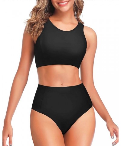 Women Two Piece High Waisted Bikini Set Sporty Swimsuits Bathing Suit with Bottom for Teen Girls Black $20.15 Swimsuits