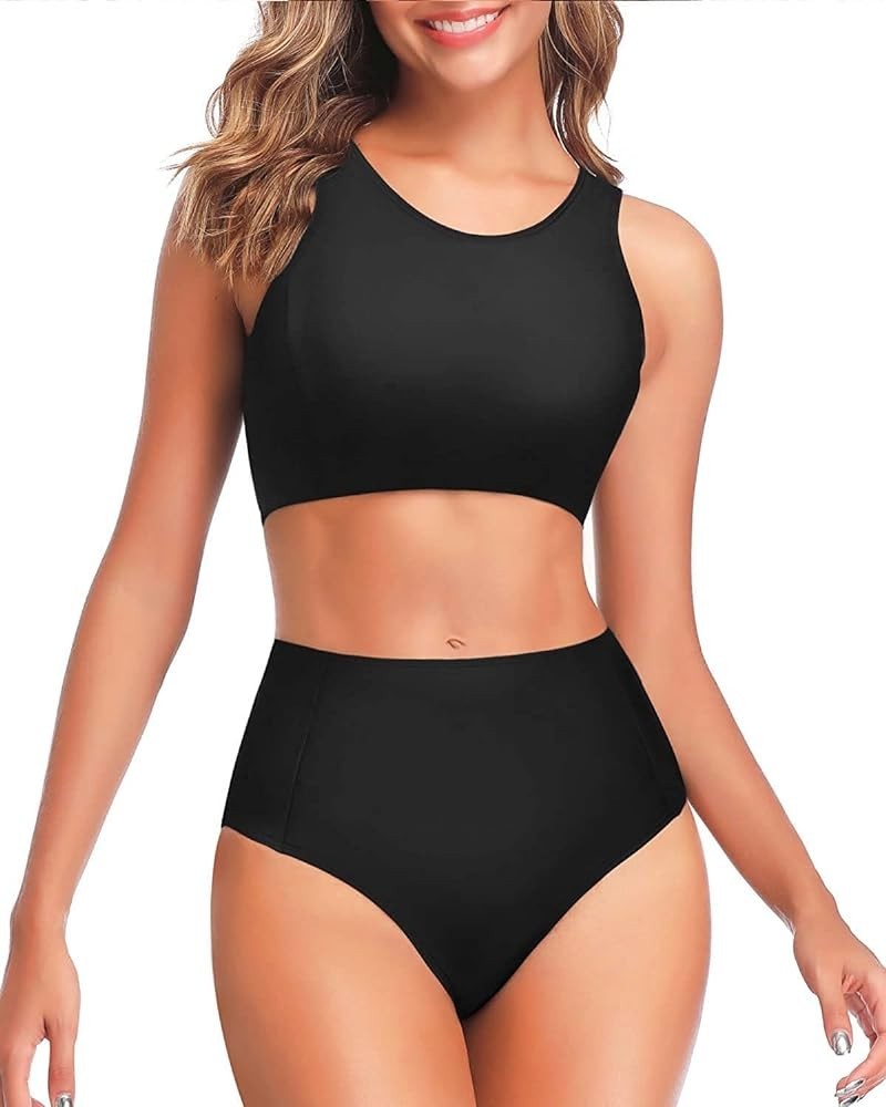 Women Two Piece High Waisted Bikini Set Sporty Swimsuits Bathing Suit with Bottom for Teen Girls Black $20.15 Swimsuits