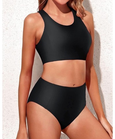 Women Two Piece High Waisted Bikini Set Sporty Swimsuits Bathing Suit with Bottom for Teen Girls Black $20.15 Swimsuits