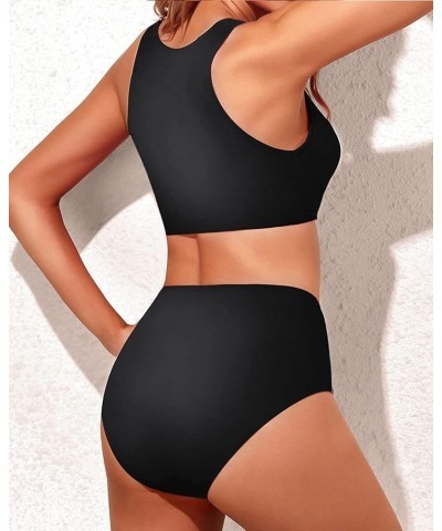 Women Two Piece High Waisted Bikini Set Sporty Swimsuits Bathing Suit with Bottom for Teen Girls Black $20.15 Swimsuits