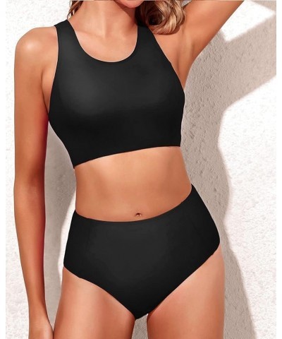 Women Two Piece High Waisted Bikini Set Sporty Swimsuits Bathing Suit with Bottom for Teen Girls Black $20.15 Swimsuits