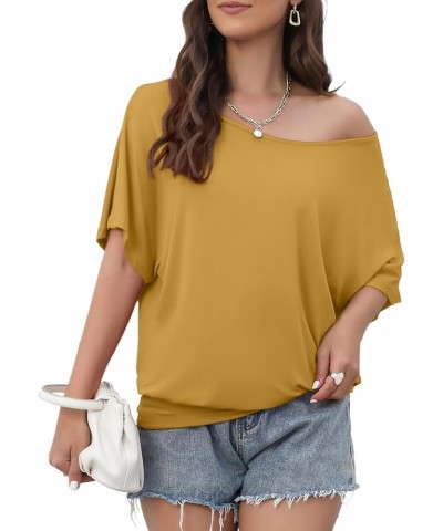 Women's Short Sleeve Boat Neck Knit Loose Fit Tops 2024 Summer Basic Casual T Shirt Blouse with Banded Bottom Yellow $14.44 Tops