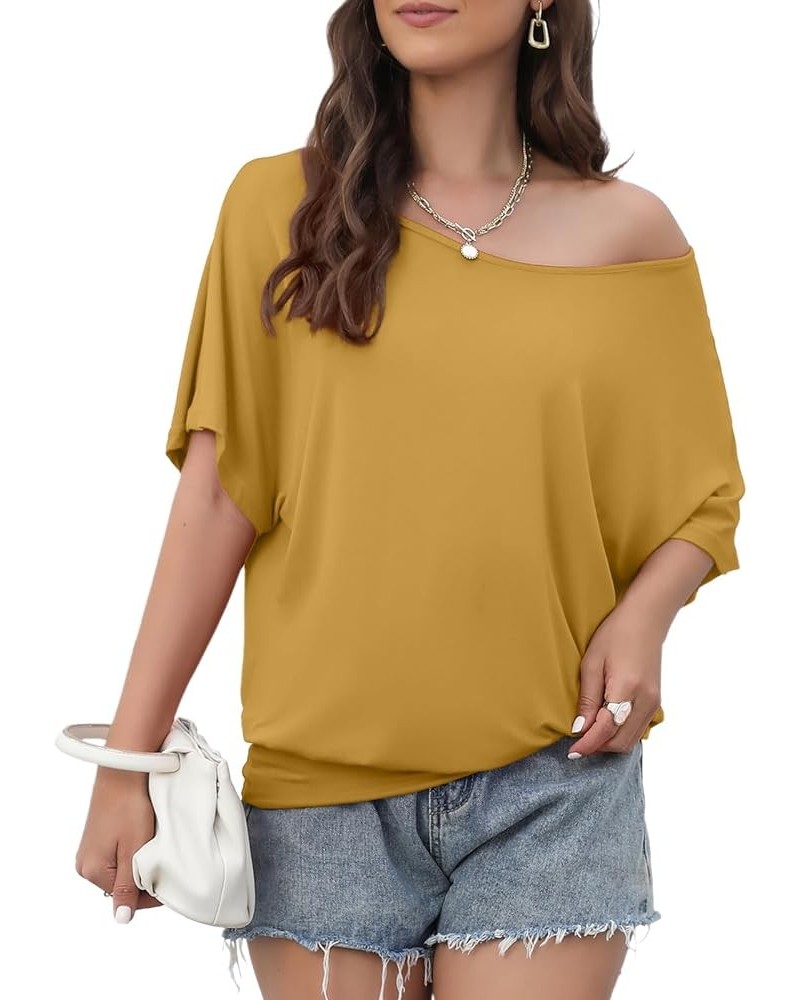 Women's Short Sleeve Boat Neck Knit Loose Fit Tops 2024 Summer Basic Casual T Shirt Blouse with Banded Bottom Yellow $14.44 Tops