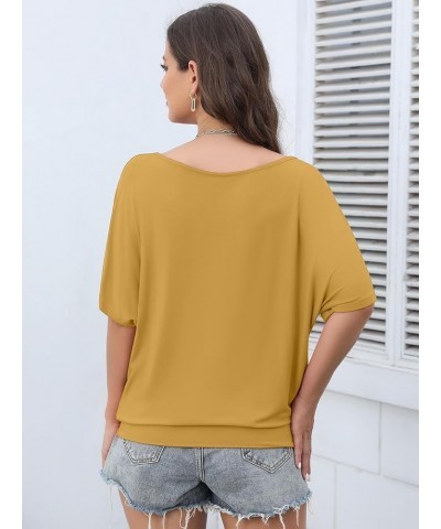 Women's Short Sleeve Boat Neck Knit Loose Fit Tops 2024 Summer Basic Casual T Shirt Blouse with Banded Bottom Yellow $14.44 Tops