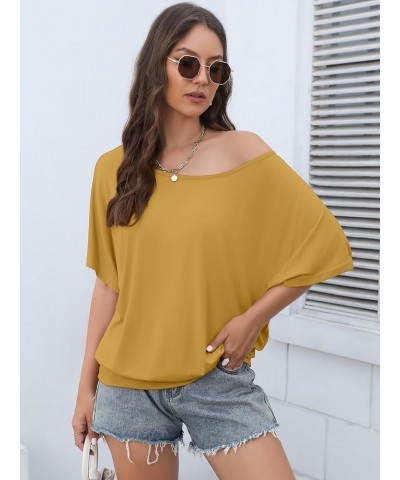 Women's Short Sleeve Boat Neck Knit Loose Fit Tops 2024 Summer Basic Casual T Shirt Blouse with Banded Bottom Yellow $14.44 Tops