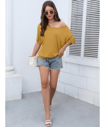 Women's Short Sleeve Boat Neck Knit Loose Fit Tops 2024 Summer Basic Casual T Shirt Blouse with Banded Bottom Yellow $14.44 Tops