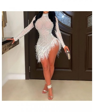 Women Sexy Rhinestone Hot Drilling Bodycon Dress Mesh See Through Tassels Long Sleeve Party Club Night Out Mini Dress White $...