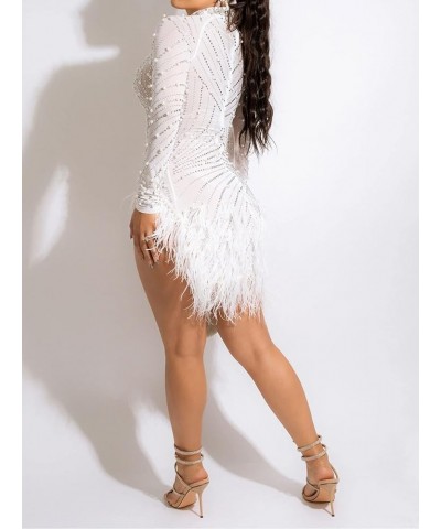 Women Sexy Rhinestone Hot Drilling Bodycon Dress Mesh See Through Tassels Long Sleeve Party Club Night Out Mini Dress White $...