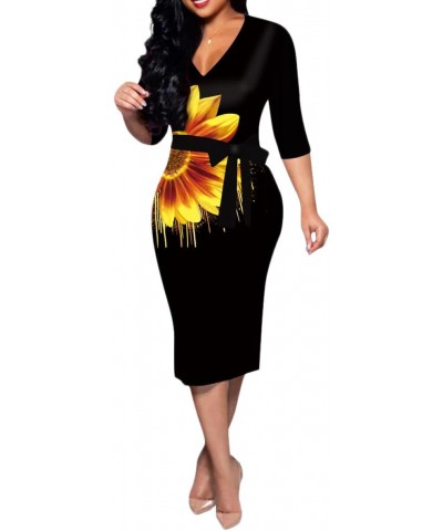 3/4 Sleeve Dress for Women Floral Print Bodycon V Neck Work Pencil Midi Dress with Belt $12.74 Dresses