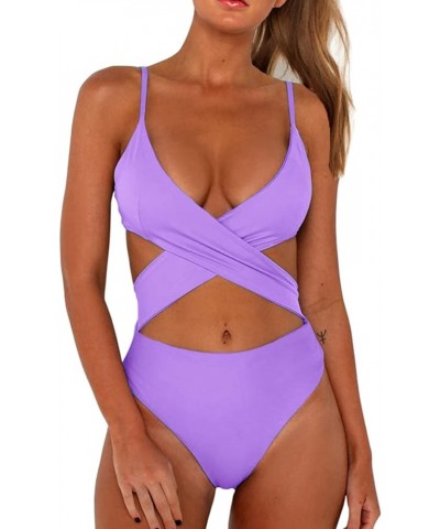Women's Sexy Criss Cross High Waisted Cut Out One Piece Monokini Swimsuit Lavender $16.10 Swimsuits