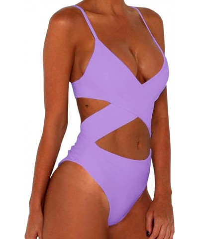 Women's Sexy Criss Cross High Waisted Cut Out One Piece Monokini Swimsuit Lavender $16.10 Swimsuits