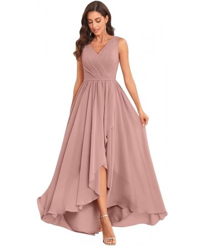 Bridesmaid Dresses High Low V Neck Chiffon Long Formal Dresses with Pockets Evening Gown Ruched for Wedding Dusty Rose $28.59...