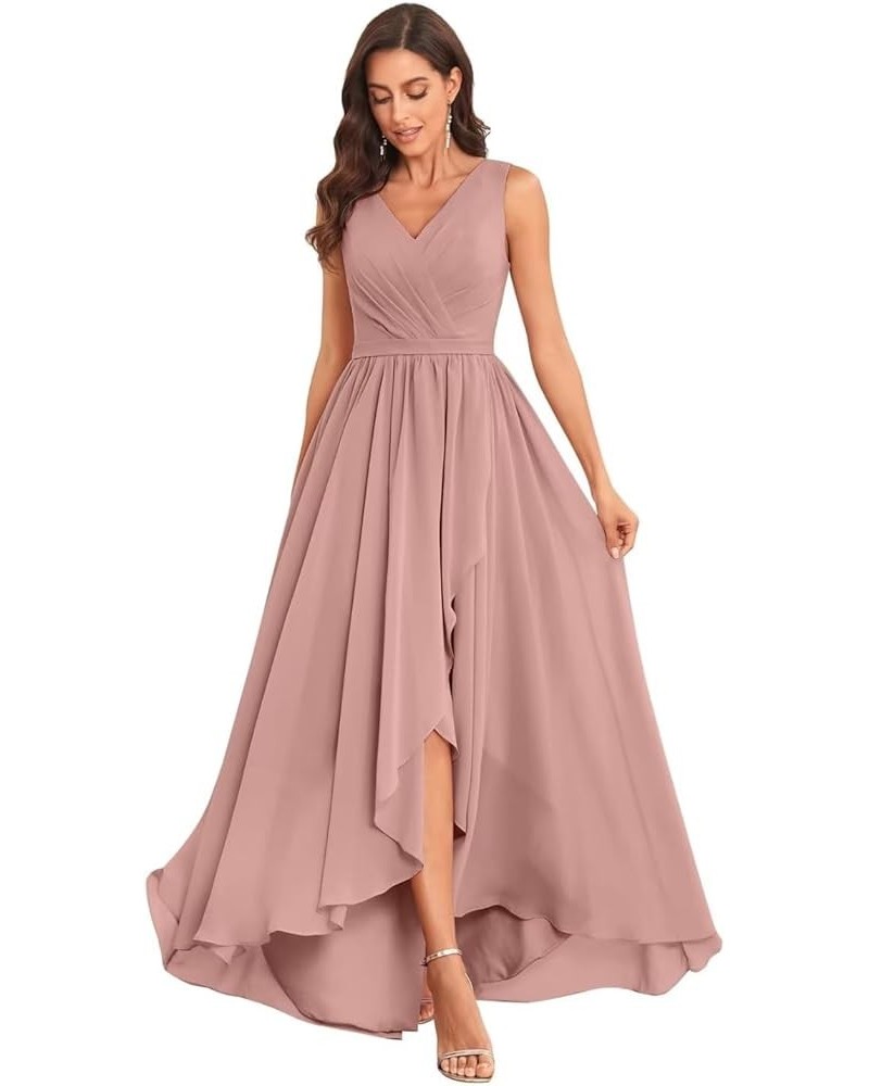 Bridesmaid Dresses High Low V Neck Chiffon Long Formal Dresses with Pockets Evening Gown Ruched for Wedding Dusty Rose $28.59...