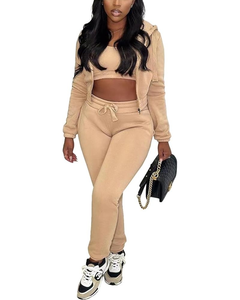 3 Piece Outfits for Women Sweatsuit Set Long Sleeve Zipper Hooded Jacket Tank Crop Top Sweatpants Track Suit Khaki $23.00 Act...