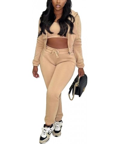 3 Piece Outfits for Women Sweatsuit Set Long Sleeve Zipper Hooded Jacket Tank Crop Top Sweatpants Track Suit Khaki $23.00 Act...